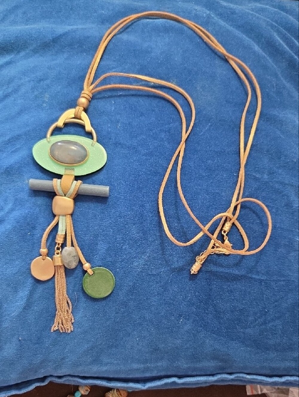 Boho Aqua, Gray & Frosted Goldtone Mixed Media Long Statement Pendant Necklace - Picture 4 of 8